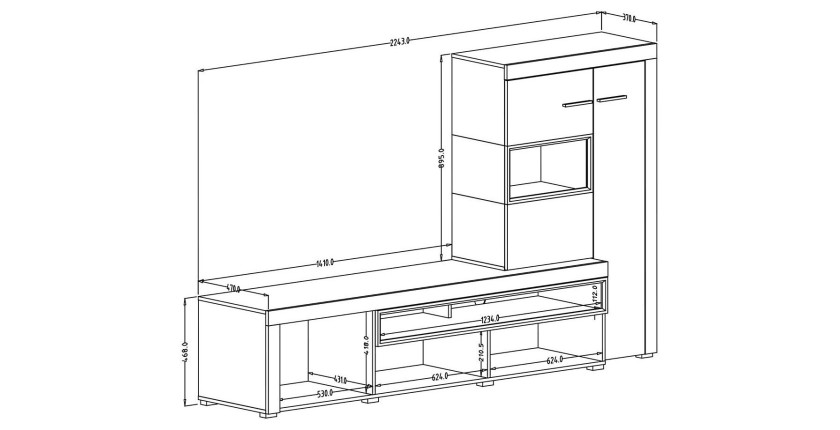 Meuble TV avec vitrine intégrée collection BONO. Couleur blanc et gris anthracite. 4 portes