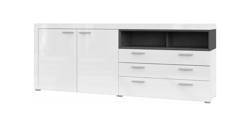 Buffet 220cm collection BONO 3 portes et 2 tiroirs. Couleur blanc et gris anthracite