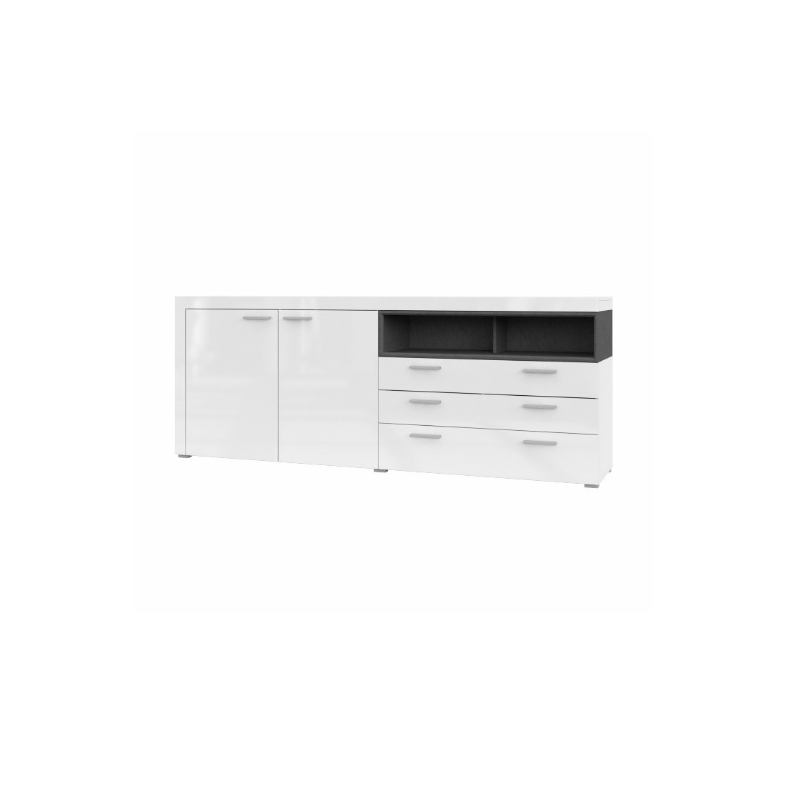 Buffet 220cm collection BONO 3 portes et 2 tiroirs. Couleur blanc et gris anthracite