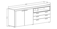 Buffet 220cm collection BONO 3 portes et 2 tiroirs. Couleur blanc et gris anthracite