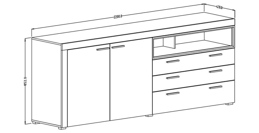 Buffet 220cm collection BONO 3 portes et 2 tiroirs. Couleur blanc et gris anthracite
