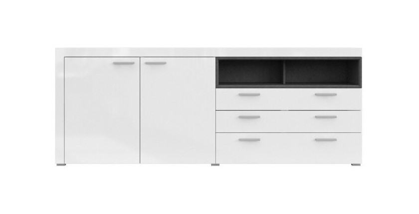 Buffet 220cm collection BONO 3 portes et 2 tiroirs. Couleur blanc et gris anthracite
