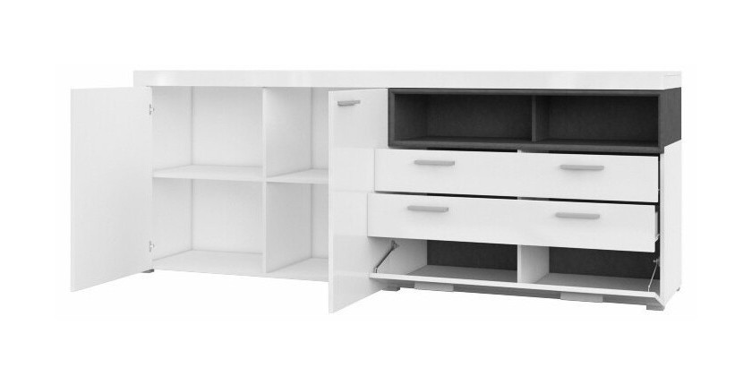 Buffet 220cm collection BONO 3 portes et 2 tiroirs. Couleur blanc et gris anthracite