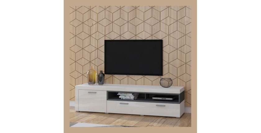 Meuble TV XL 190cm collection BONO. Couleur blanc et gris. 2 portes et 2 niches.
