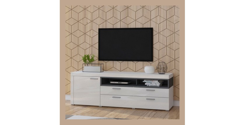 Meuble TV XL 190cm collection BONO. Couleur blanc et gris. 2 portes et 1 tiroir.