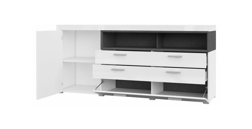 Buffet 190cm collection BONO 2 porte, 2 tiroirs et 2 niches. Couleur blanc et gris