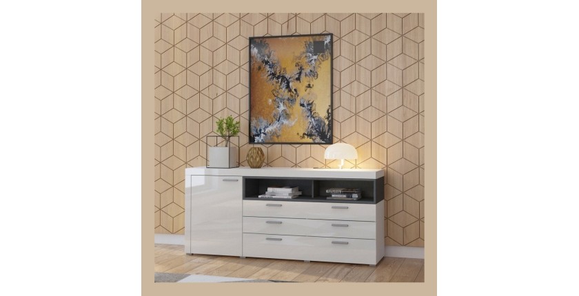 Buffet 190cm collection BONO 2 porte, 2 tiroirs et 2 niches. Couleur blanc et gris