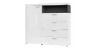 Buffet haut collection BONO avec 1 porte, 4 tiroirs et 1 niche. Couleur blanc et gris.