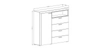 Buffet haut collection BONO avec 1 porte, 4 tiroirs et 1 niche. Couleur blanc et gris.