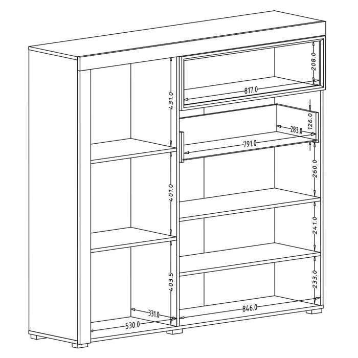 Buffet haut collection BONO avec 1 porte, 4 tiroirs et 1 niche. Couleur blanc et gris.