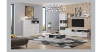 Buffet haut collection BONO avec 1 porte, 4 tiroirs et 1 niche. Couleur blanc et gris.
