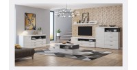 Buffet haut collection BONO avec 1 porte, 4 tiroirs et 1 niche. Couleur blanc et gris.