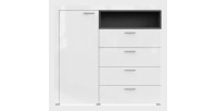 Buffet haut collection BONO avec 1 porte, 4 tiroirs et 1 niche. Couleur blanc et gris.
