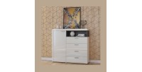 Buffet haut collection BONO avec 1 porte, 4 tiroirs et 1 niche. Couleur blanc et gris.