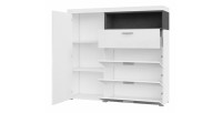 Buffet haut collection BONO avec 1 porte, 4 tiroirs et 1 niche. Couleur blanc et gris.