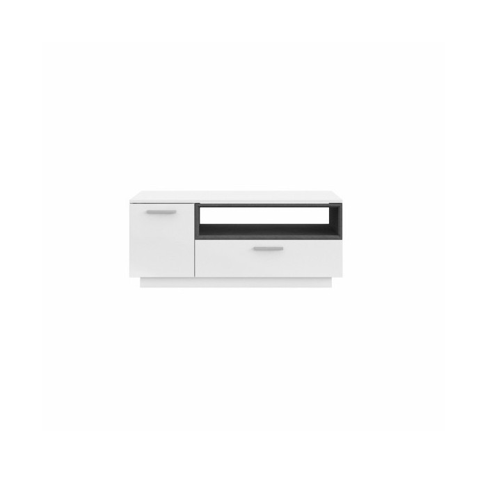 Table basse design collection BONO avec deux portes et une niche. Couleur blanc et gris.
