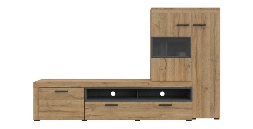 Meuble TV avec vitrine intégrée collection BONO. Couleur chêne et gris anthracite. 4 portes
