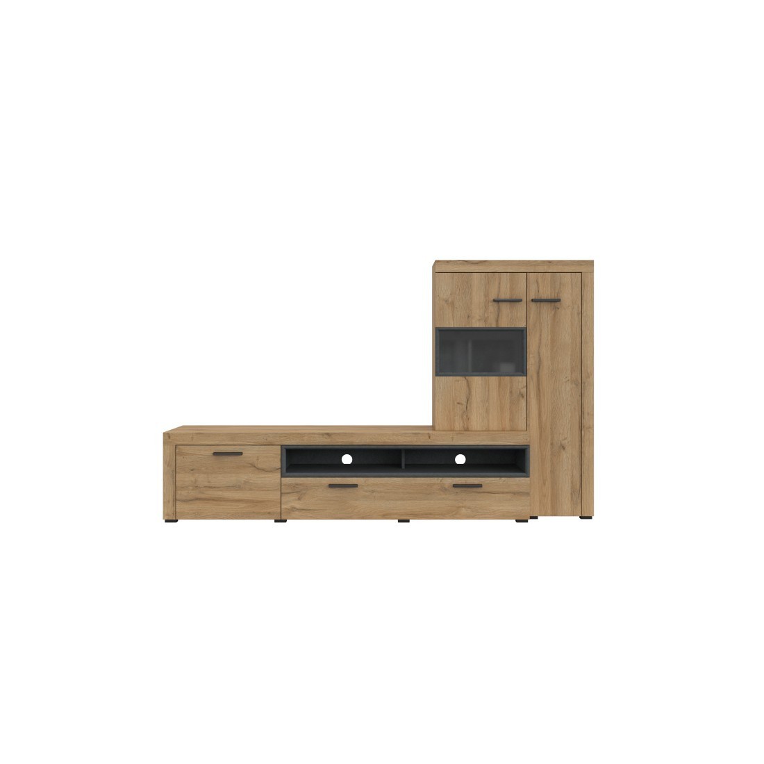Meuble TV avec vitrine intégrée collection BONO. Couleur chêne et gris anthracite. 4 portes