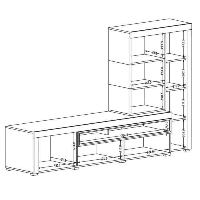 Meuble TV avec vitrine intégrée collection BONO. Couleur chêne et gris anthracite. 4 portes