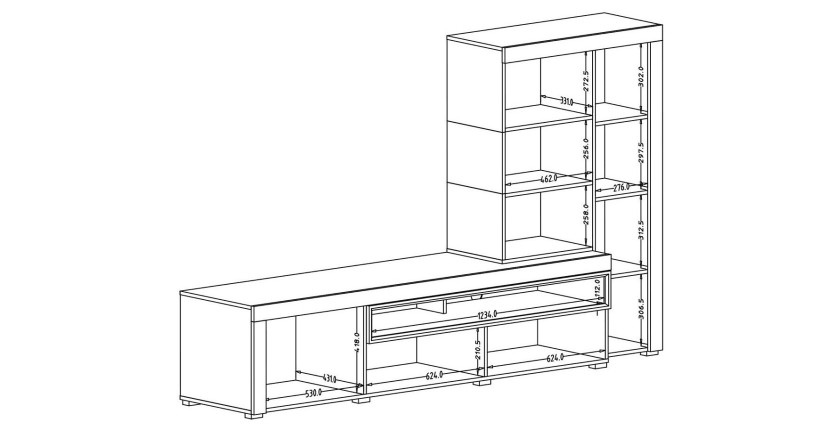 Meuble TV avec vitrine intégrée collection BONO. Couleur chêne et gris anthracite. 4 portes
