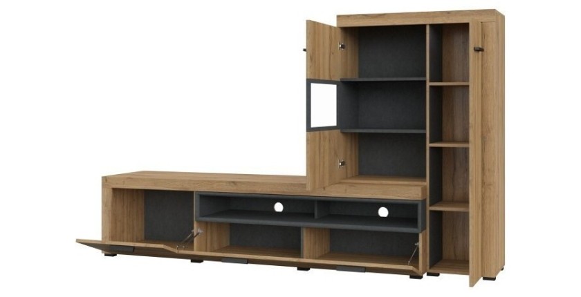 Meuble TV avec vitrine intégrée collection BONO. Couleur chêne et gris anthracite. 4 portes