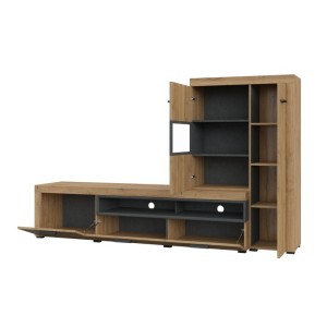 Meuble TV avec vitrine intégrée collection BONO. Couleur chêne et gris anthracite. 4 portes