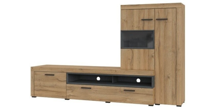 Meuble TV avec vitrine intégrée collection BONO. Couleur chêne et gris anthracite. 4 portes