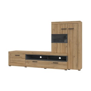 Meuble TV avec vitrine intégrée collection BONO. Couleur chêne et gris anthracite. 4 portes