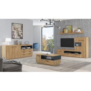 Meuble TV avec vitrine intégrée collection BONO. Couleur chêne et gris anthracite. 4 portes