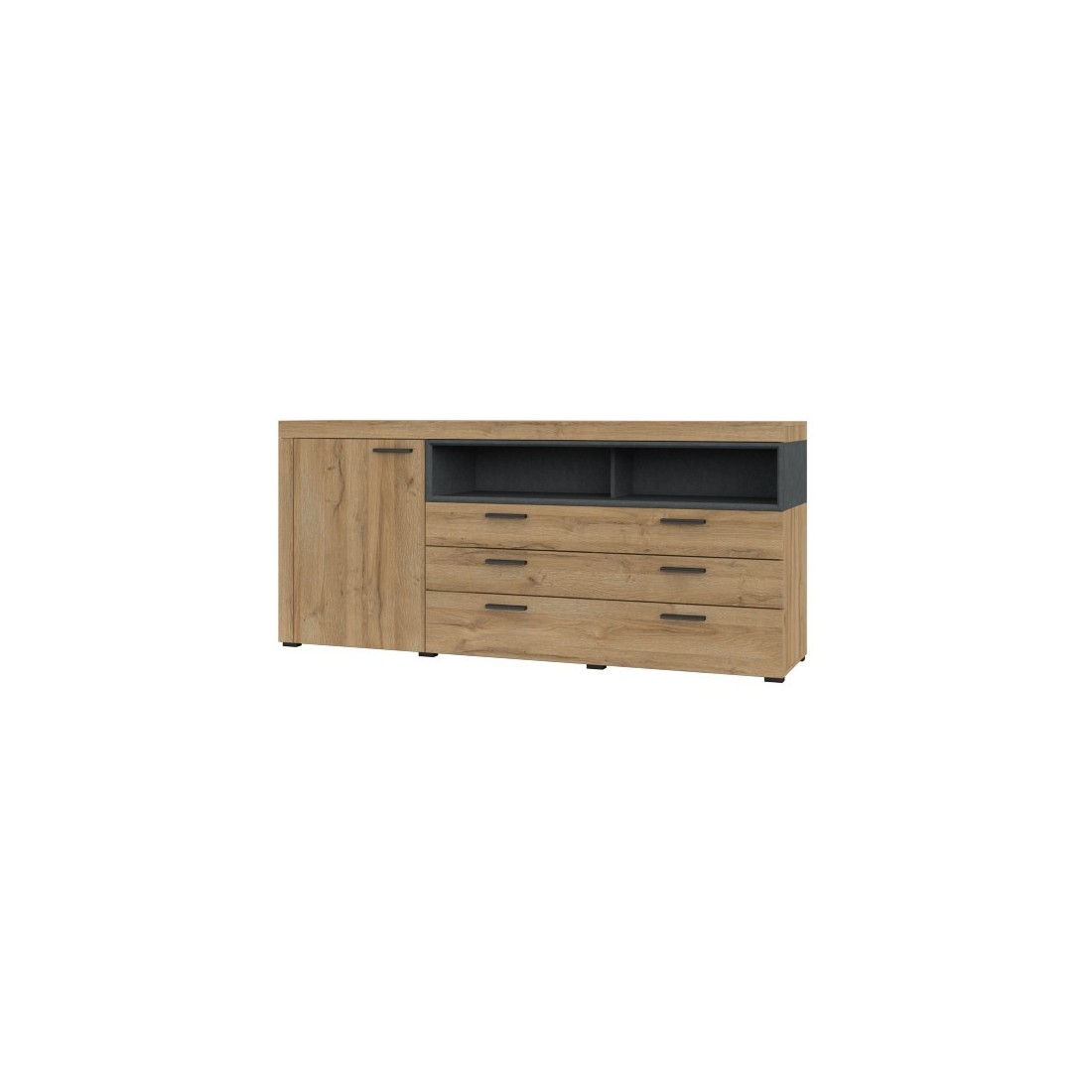 Buffet 190cm collection BONO 2 portes, 2 tiroirs et 2 niches. Couleur chêne et gris