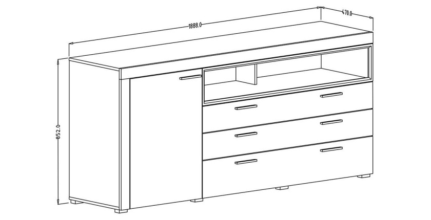Buffet 190cm collection BONO 2 portes, 2 tiroirs et 2 niches. Couleur chêne et gris