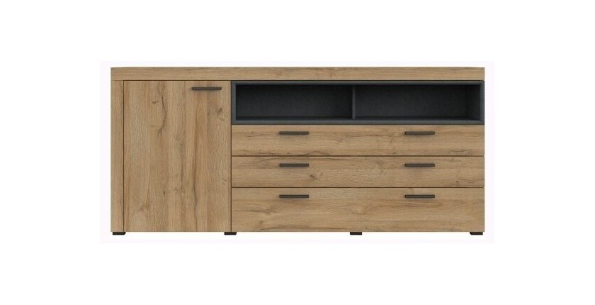 Buffet 190cm collection BONO 2 portes, 2 tiroirs et 2 niches. Couleur chêne et gris