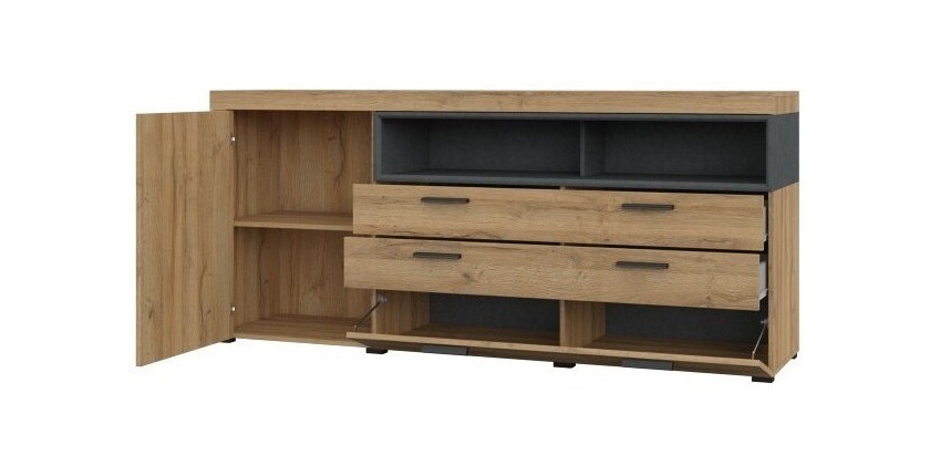 Buffet 190cm collection BONO 2 portes, 2 tiroirs et 2 niches. Couleur chêne et gris