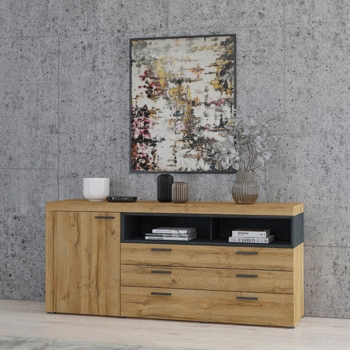 Buffet 190cm collection BONO 2 portes, 2 tiroirs et 2 niches. Couleur chêne et gris