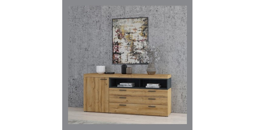 Buffet 190cm collection BONO 2 portes, 2 tiroirs et 2 niches. Couleur chêne et gris