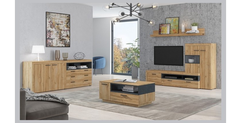 Buffet 190cm collection BONO 2 portes, 2 tiroirs et 2 niches. Couleur chêne et gris