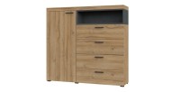 Buffet haut collection BONO avec 1 porte, 4 tiroirs et 1 niche. Couleur chêne et gris.
