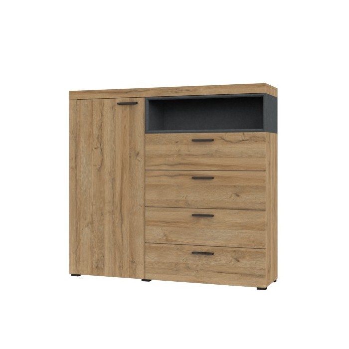 Buffet haut collection BONO avec 1 porte, 4 tiroirs et 1 niche. Couleur chêne et gris.