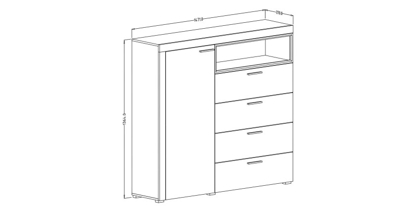 Buffet haut collection BONO avec 1 porte, 4 tiroirs et 1 niche. Couleur chêne et gris.