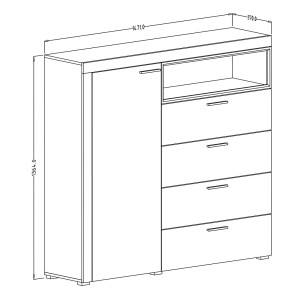 Buffet haut collection BONO avec 1 porte, 4 tiroirs et 1 niche. Couleur chêne et gris.
