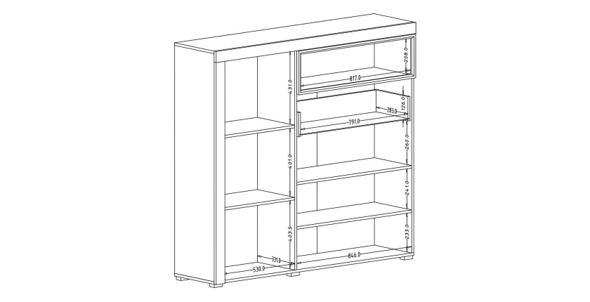 Buffet haut collection BONO avec 1 porte, 4 tiroirs et 1 niche. Couleur chêne et gris.