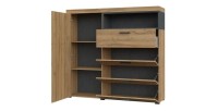 Buffet haut collection BONO avec 1 porte, 4 tiroirs et 1 niche. Couleur chêne et gris.