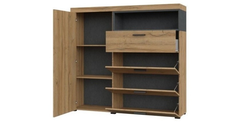 Buffet haut collection BONO avec 1 porte, 4 tiroirs et 1 niche. Couleur chêne et gris.