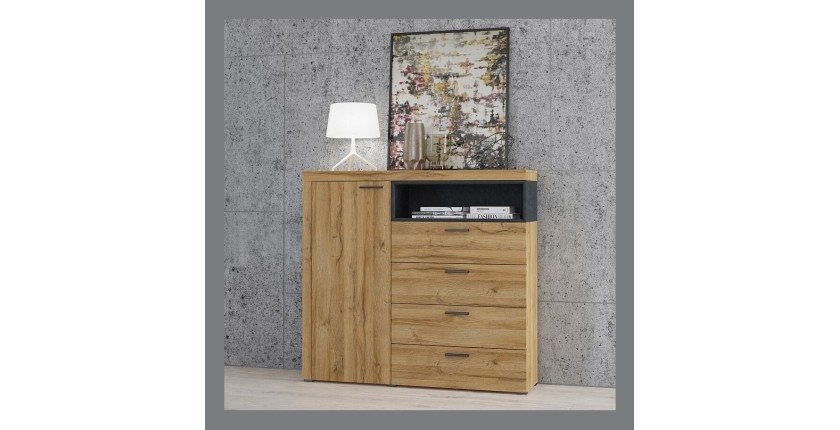 Buffet haut collection BONO avec 1 porte, 4 tiroirs et 1 niche. Couleur chêne et gris.