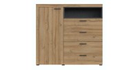 Buffet haut collection BONO avec 1 porte, 4 tiroirs et 1 niche. Couleur chêne et gris.