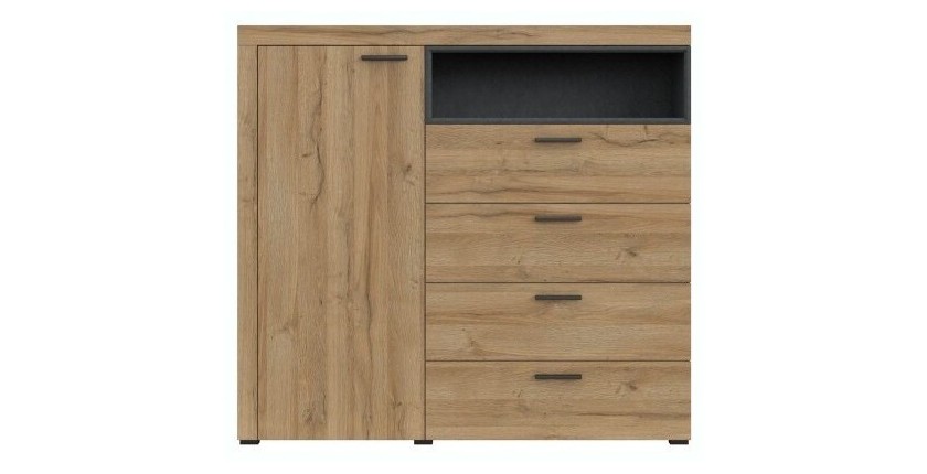 Buffet haut collection BONO avec 1 porte, 4 tiroirs et 1 niche. Couleur chêne et gris.