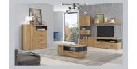 Buffet haut collection BONO avec 1 porte, 4 tiroirs et 1 niche. Couleur chêne et gris.
