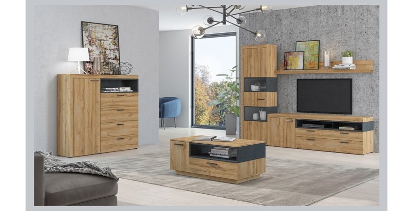 Buffet haut collection BONO avec 1 porte, 4 tiroirs et 1 niche. Couleur chêne et gris.
