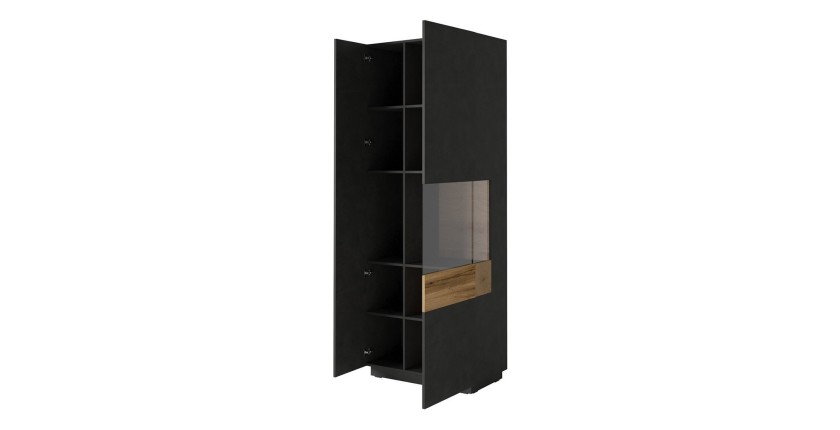 Vitrine collection KILES coloris gris anthracite et chêne. Modèle vitrine à droite. LED intégrée