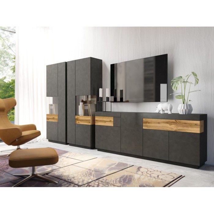 Vitrine collection KILES coloris gris anthracite et chêne. Modèle vitrine à droite. LED intégrée